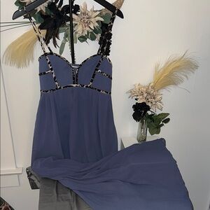 Strap Detail Blue Maxi Dress with Leopard Trim